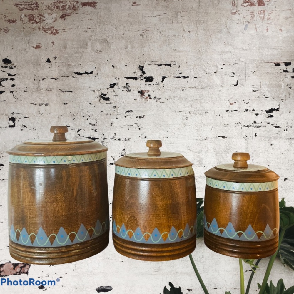 Vintage 1960 Hand Painted Wooden Canister set